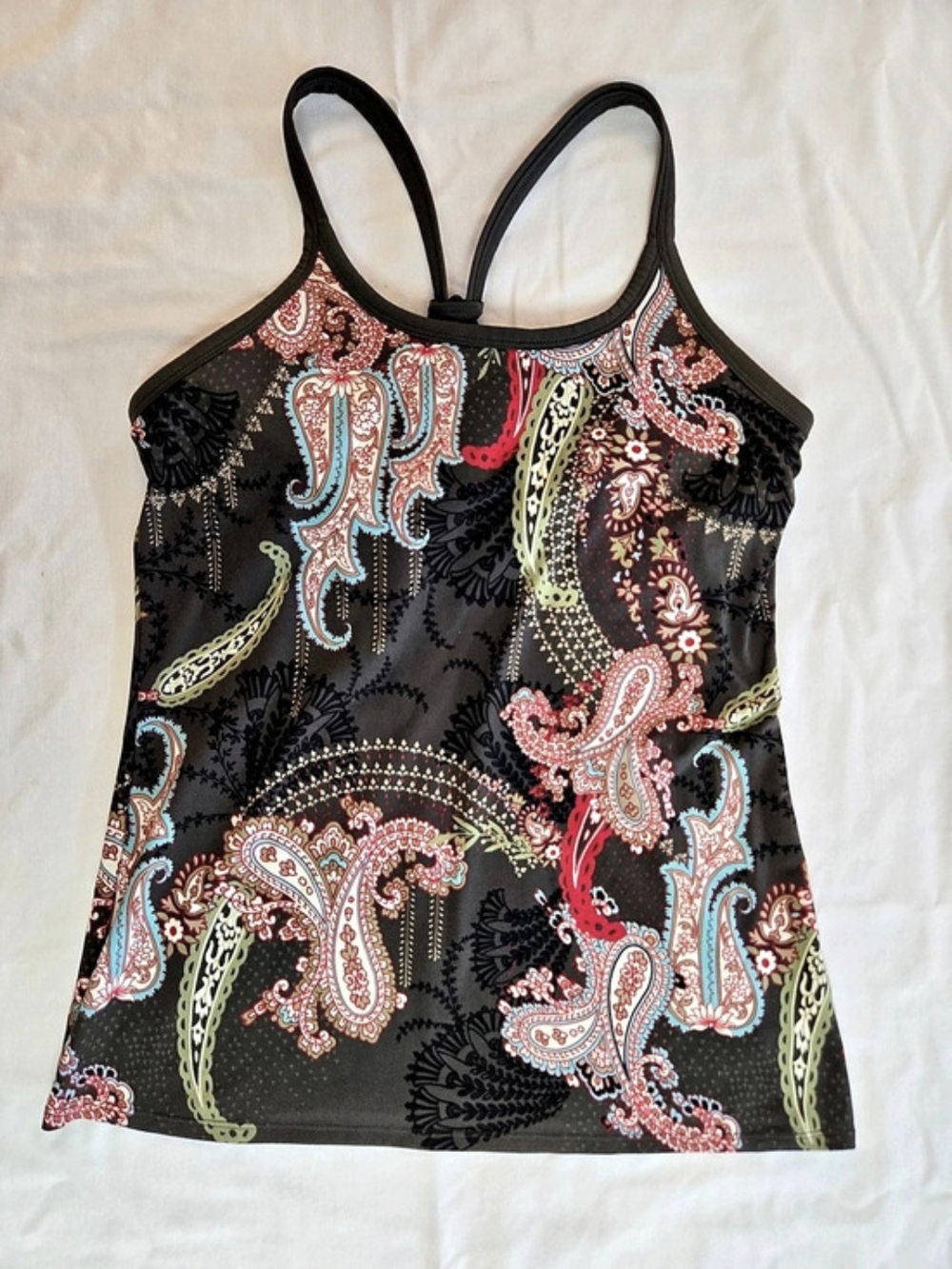 Athleta Paisley Tank Top With Built-In Bra in Black & Pink Medium Like New
